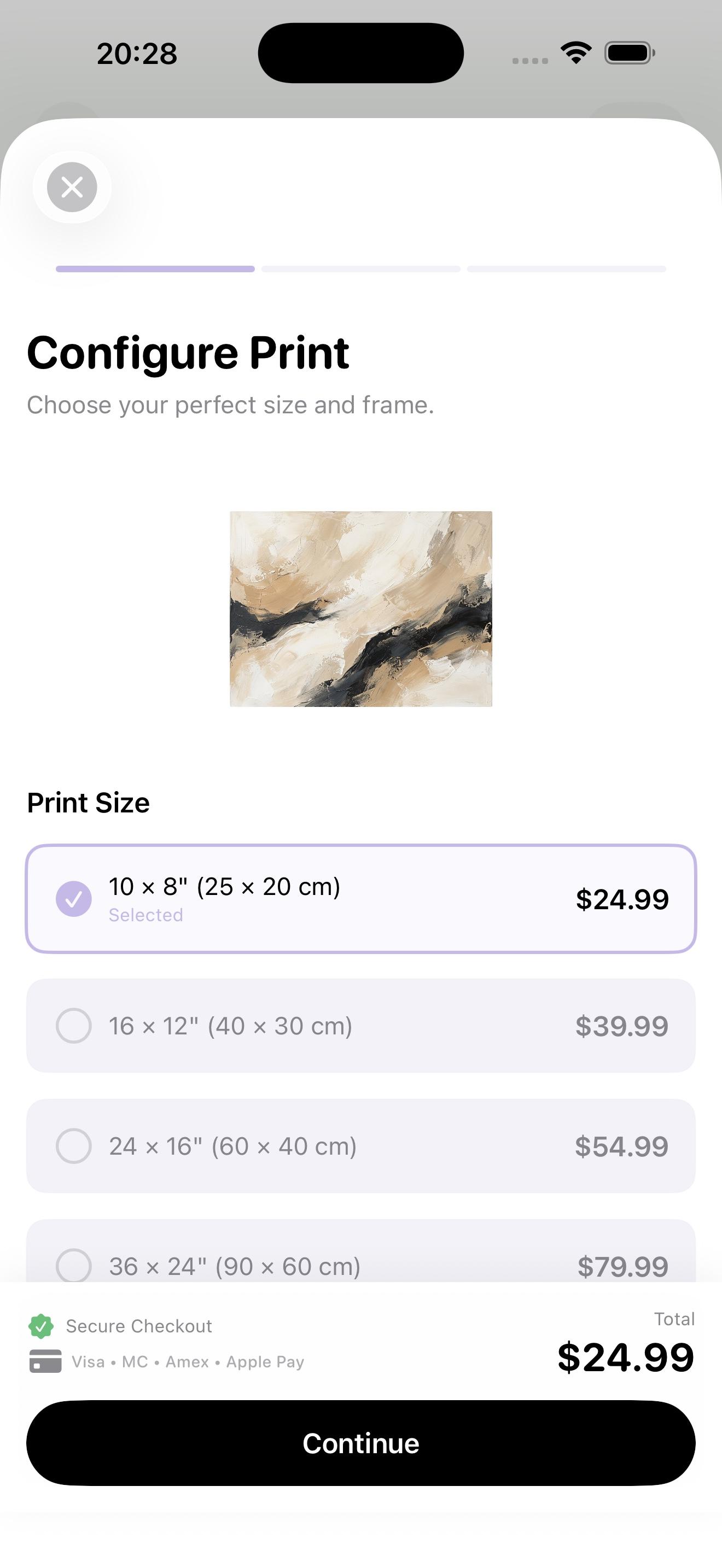 Configure print app screen