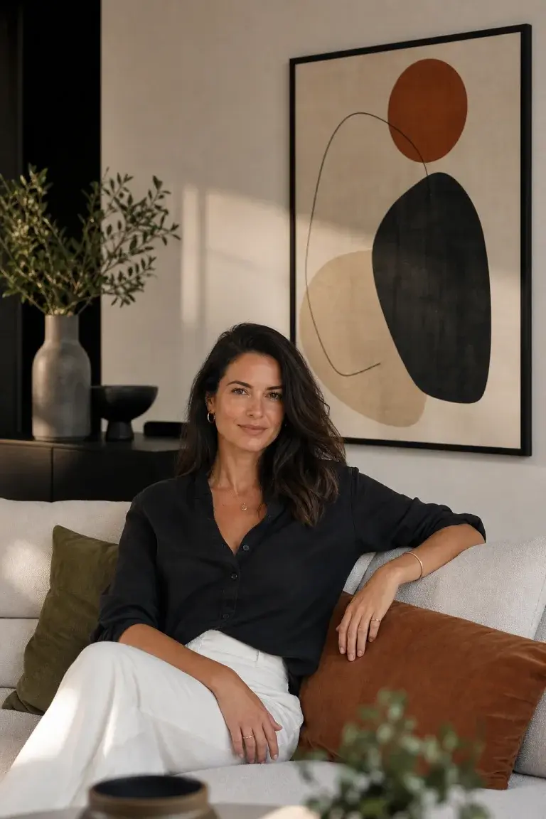 Editorial visual of a wall art buyer seated in a refined living room with abstract framed art